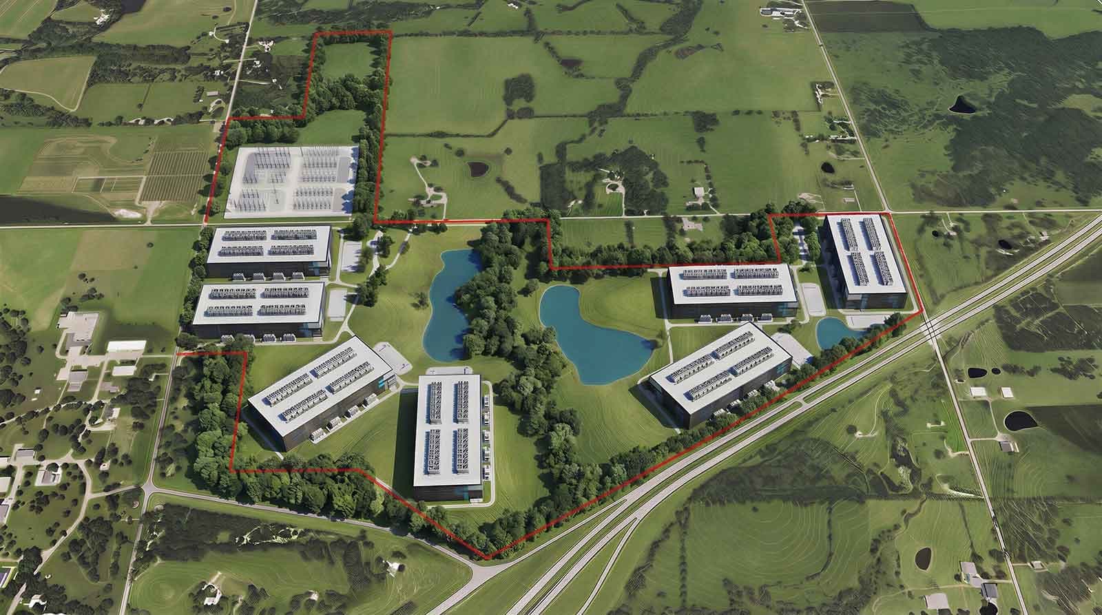 Aerial rendering of the proposed Project Catalyst data center campus and its site boundary in Osawatomie, Kansas