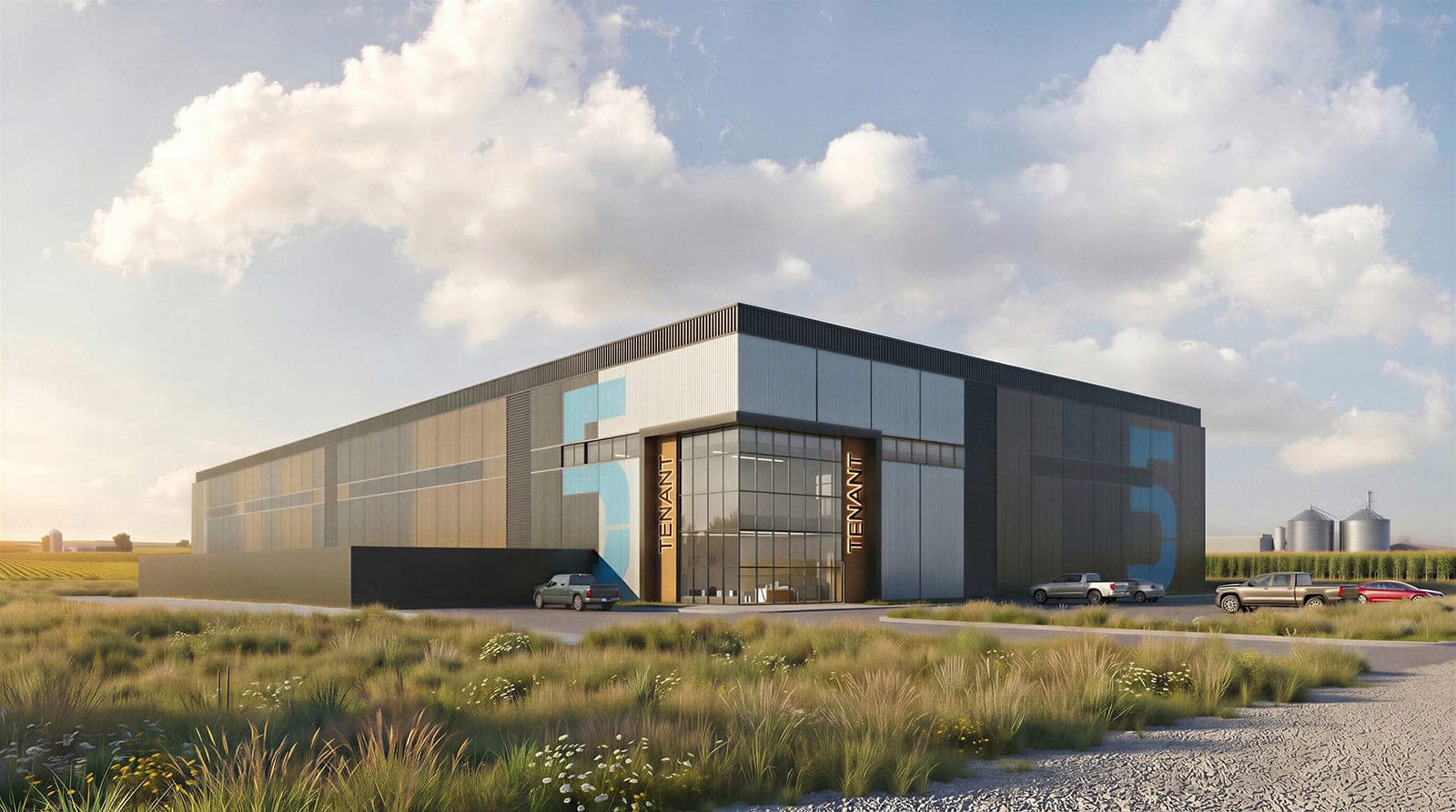 Ground-level rendering of a Project Catalyst data center building at dusk