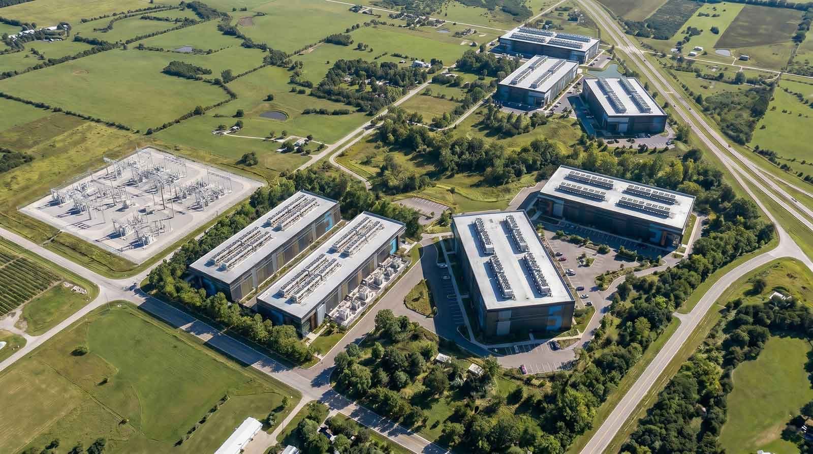 Overhead rendering of the Project Catalyst campus buildings and on-site substation