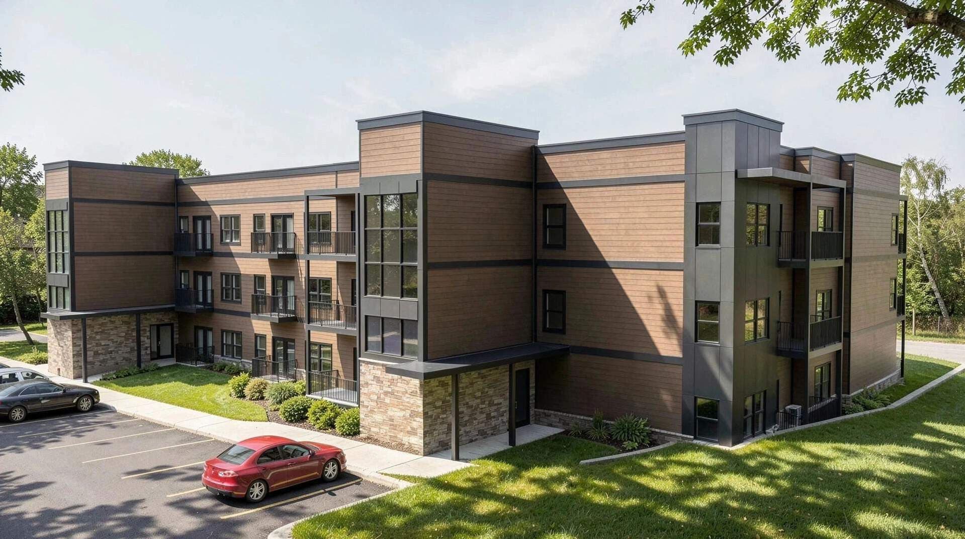 Rendering of The Rio Apartments corner and resident entry