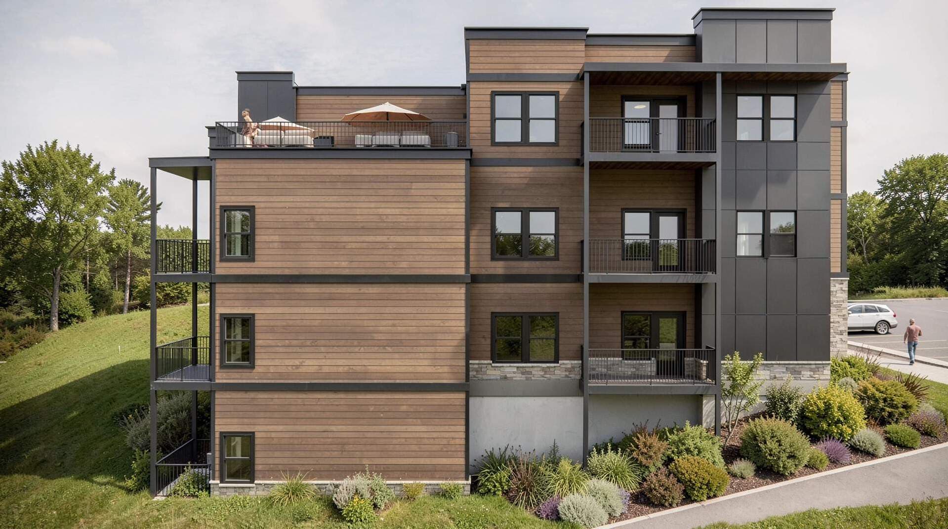 Rendering of The Rio Apartments end elevation with the rooftop terrace