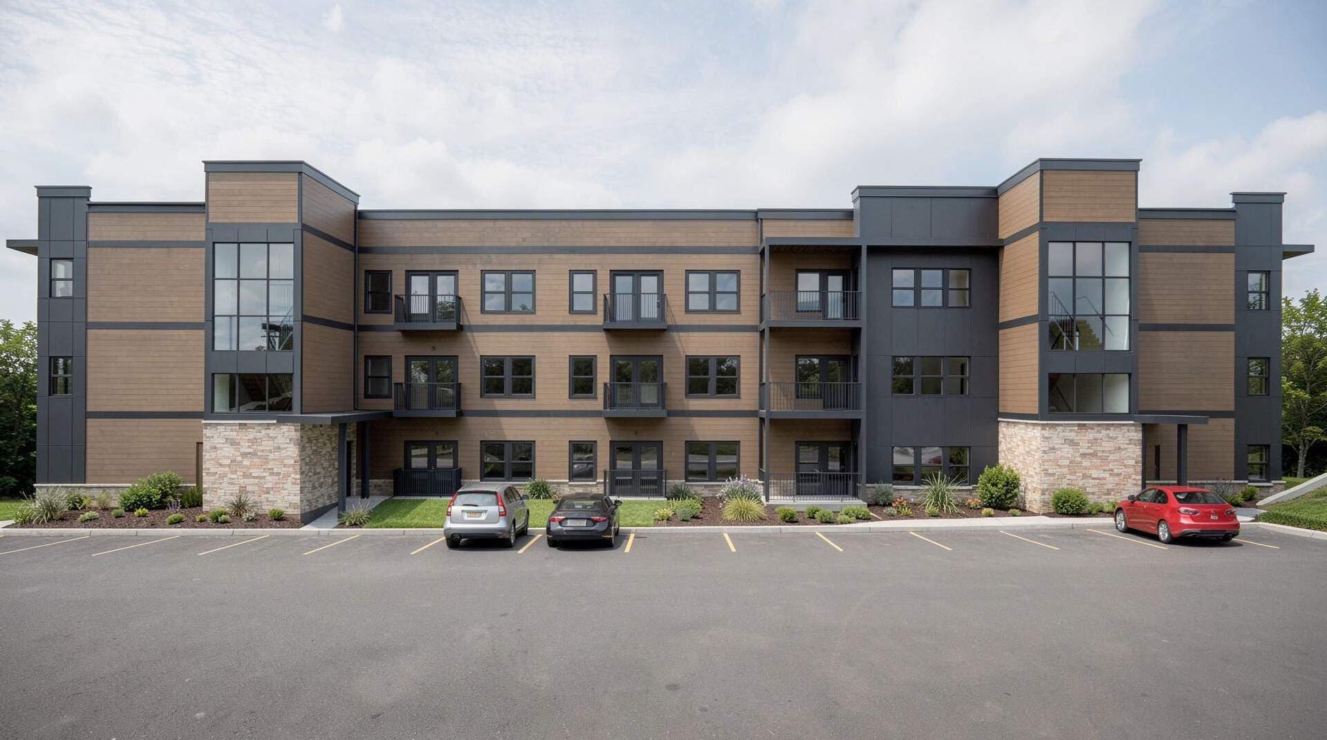 Rendering of The Rio Apartments front elevation from the parking lot