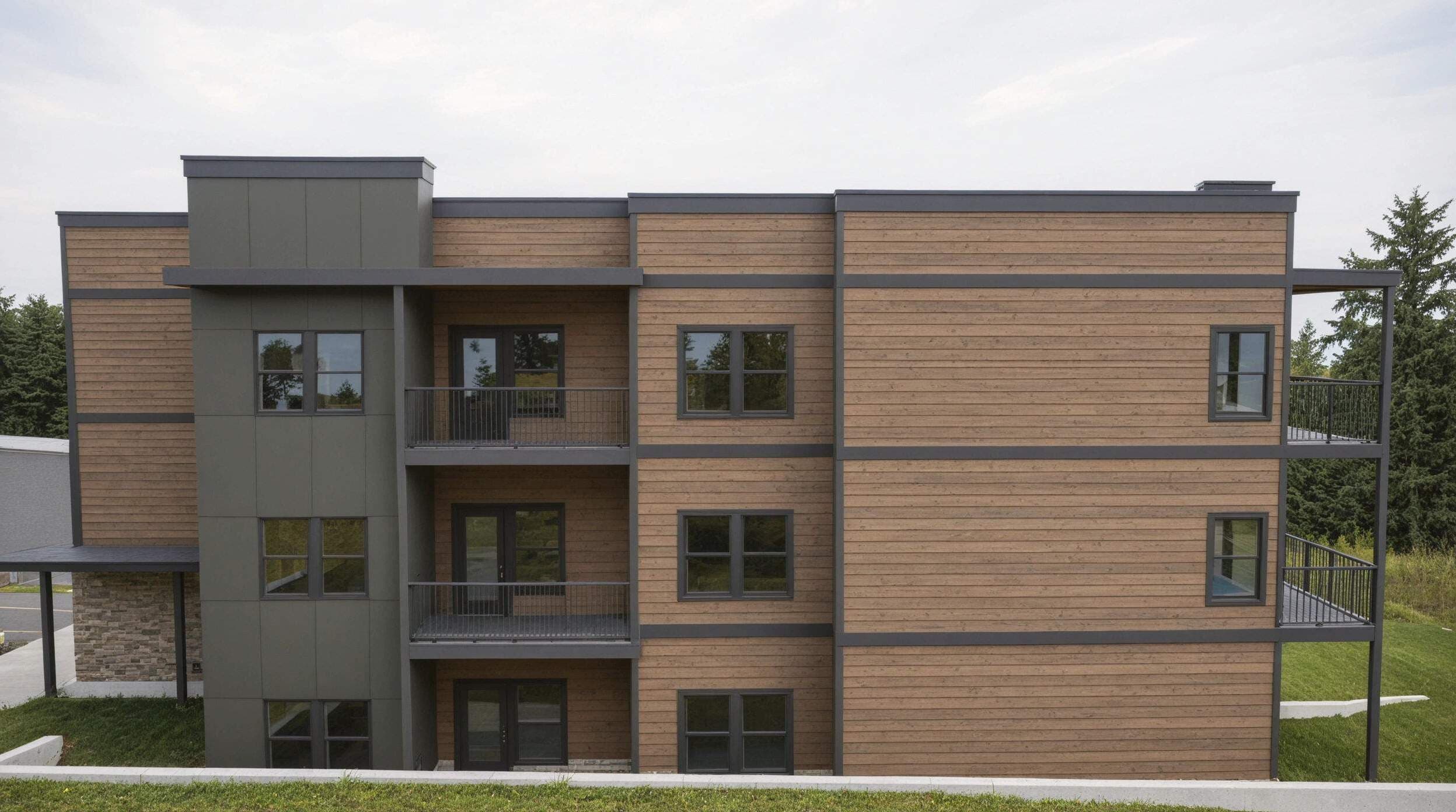 Rendering of The Rio Apartments wood-clad facade and balcony detail